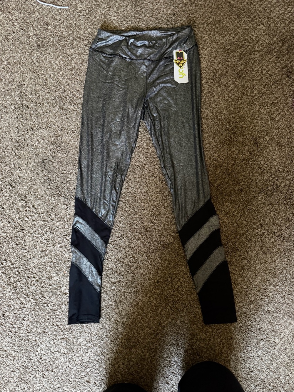 Youth Metallic Silver Leggings with Black Chevron Panels